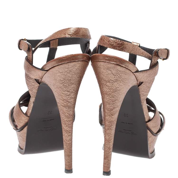 Pre Owned Yves Saint Laurent Metallic Rose Gold Textured Leather Tribute Platform Sandals Size 39