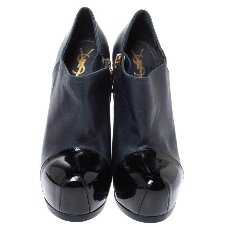 Pre Owned Yves Saint Laurent Navy Blue/Black Leather and Patent Leather Tribute Platform Ankle Boots Size 38