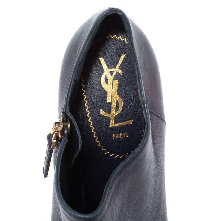 Pre Owned Yves Saint Laurent Navy Blue/Black Leather and Patent Leather Tribute Platform Ankle Boots Size 38