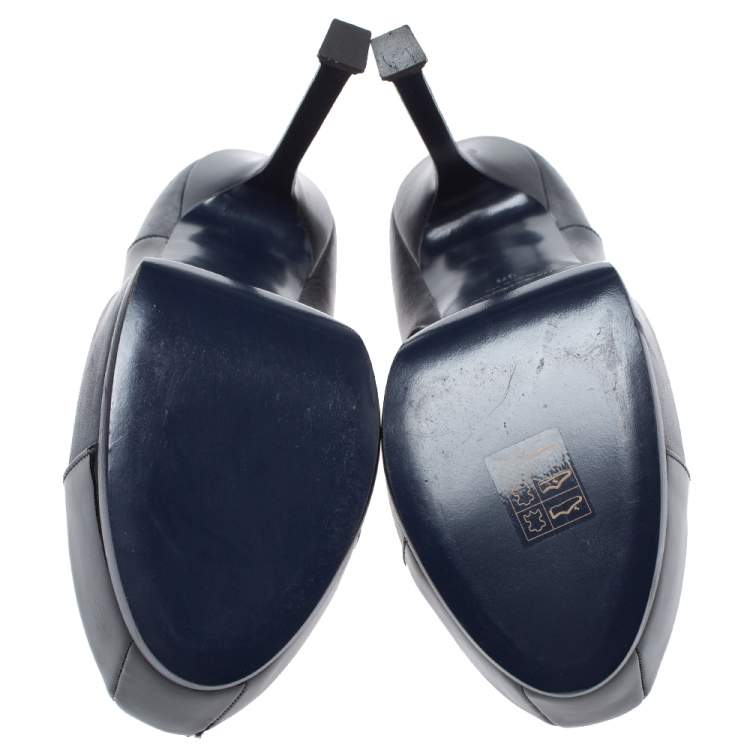 Pre Owned Yves Saint Laurent Navy Blue/Black Leather and Patent Leather Tribute Platform Ankle Boots Size 38