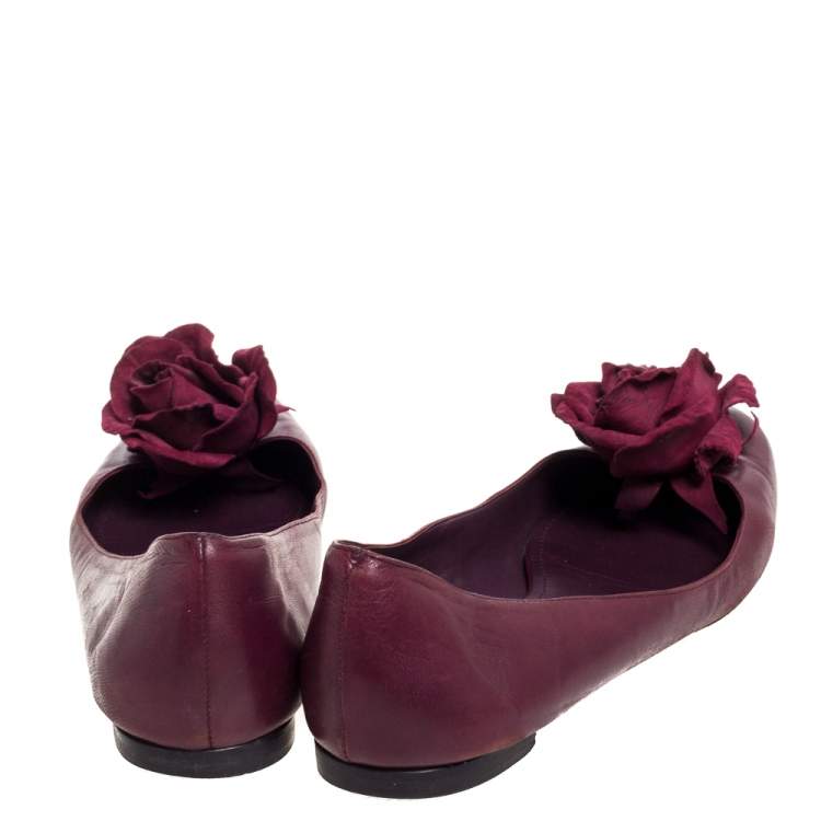 Pre Owned Yves Saint Laurent Burgundy Leather Rose Embellished Ballet Flats Size 39.5