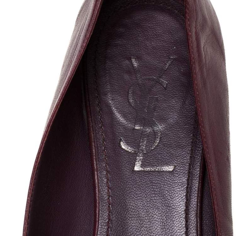 Pre Owned Yves Saint Laurent Burgundy Leather Rose Embellished Ballet Flats Size 39.5