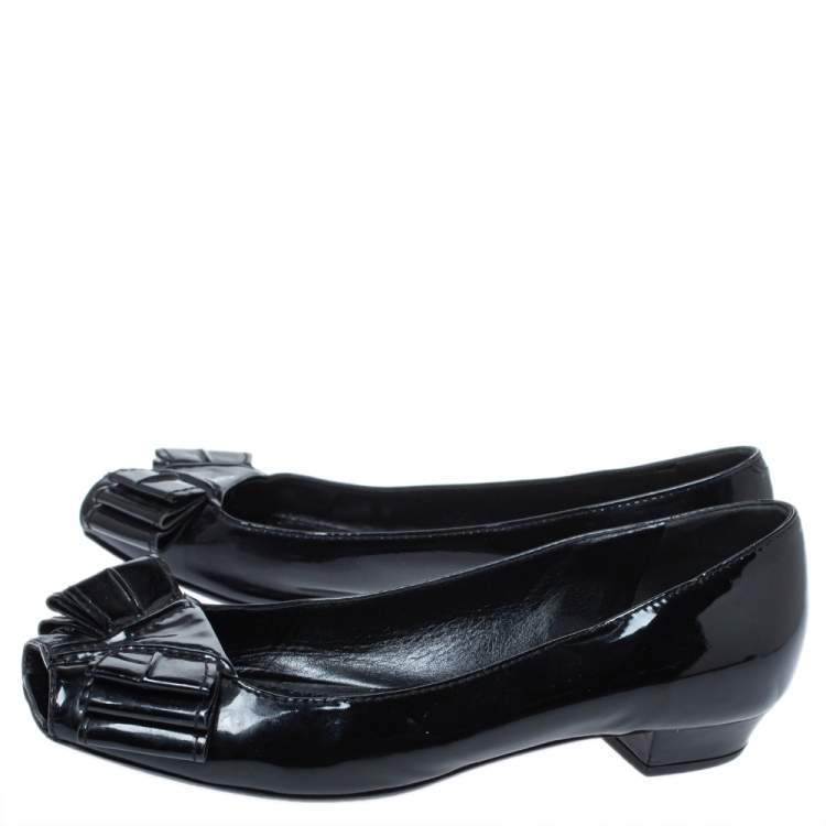 Pre Owned Yves Saint Laurent Black Patent Leather Bow Peep Toe Ballet Flat Size 35