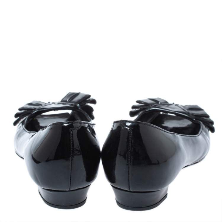 Pre Owned Yves Saint Laurent Black Patent Leather Bow Peep Toe Ballet Flat Size 35