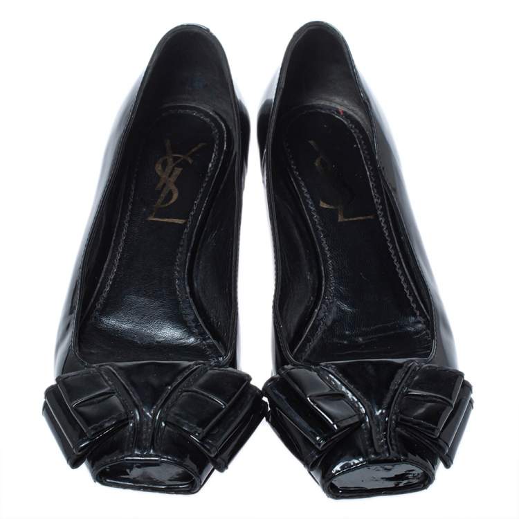 Pre Owned Yves Saint Laurent Black Patent Leather Bow Peep Toe Ballet Flat Size 35