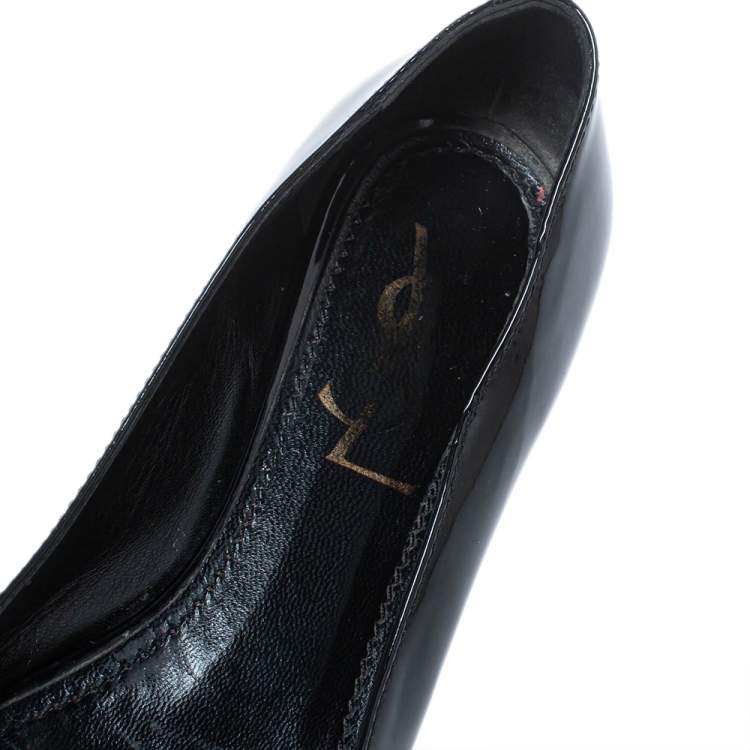Pre Owned Yves Saint Laurent Black Patent Leather Bow Peep Toe Ballet Flat Size 35