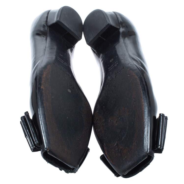 Pre Owned Yves Saint Laurent Black Patent Leather Bow Peep Toe Ballet Flat Size 35
