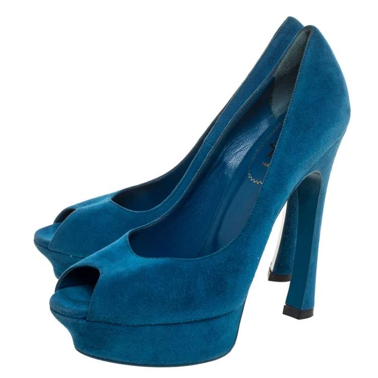 Pre Owned Yves Saint Laurent Teal Blue Suede Palais Platform Peep Toe Pumps Size 39.5