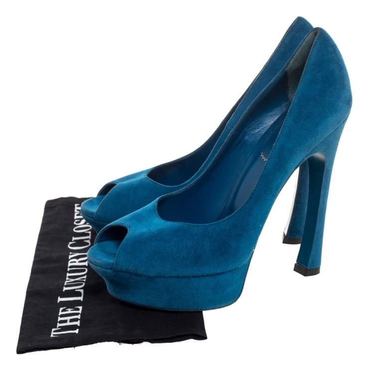 Pre Owned Yves Saint Laurent Teal Blue Suede Palais Platform Peep Toe Pumps Size 39.5