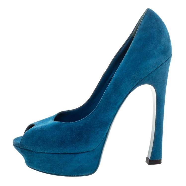 Pre Owned Yves Saint Laurent Teal Blue Suede Palais Platform Peep Toe Pumps Size 39.5