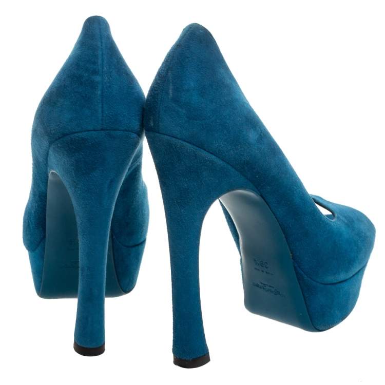 Pre Owned Yves Saint Laurent Teal Blue Suede Palais Platform Peep Toe Pumps Size 39.5