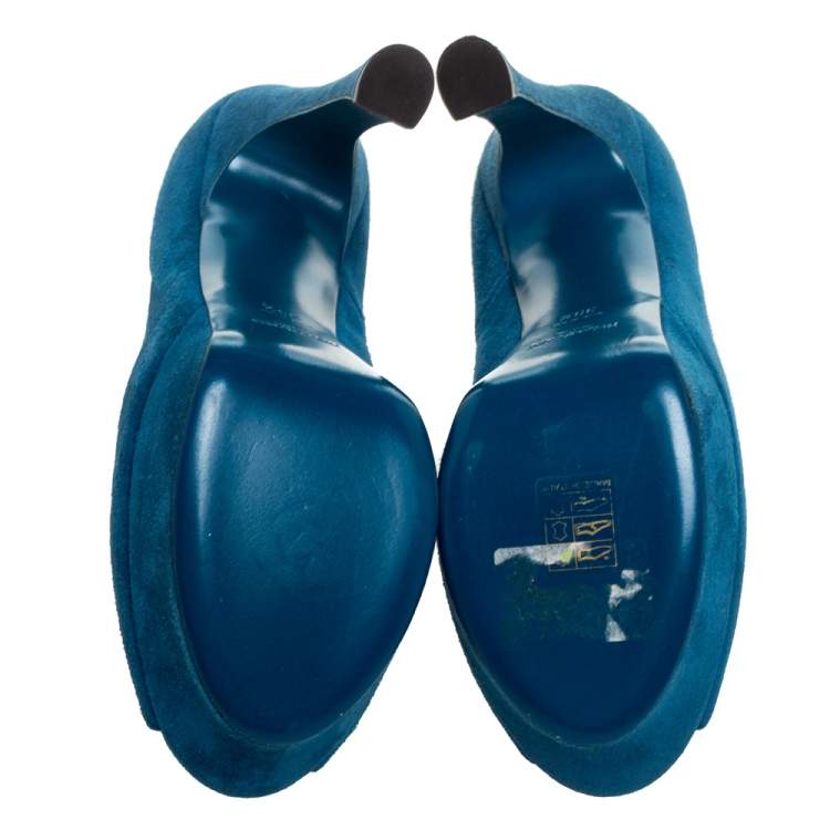 Pre Owned Yves Saint Laurent Teal Blue Suede Palais Platform Peep Toe Pumps Size 39.5