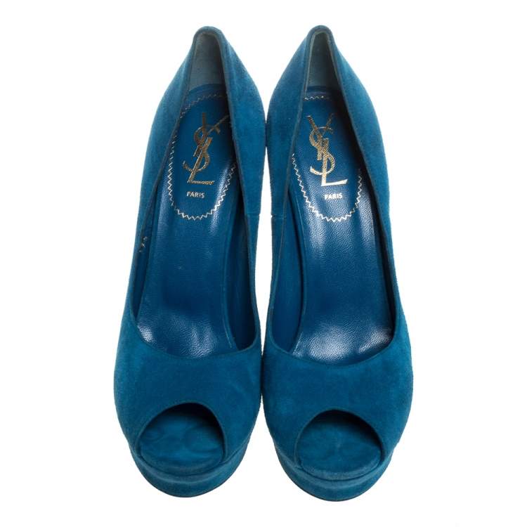 Pre Owned Yves Saint Laurent Teal Blue Suede Palais Platform Peep Toe Pumps Size 39.5