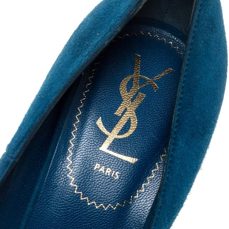 Pre Owned Yves Saint Laurent Teal Blue Suede Palais Platform Peep Toe Pumps Size 39.5