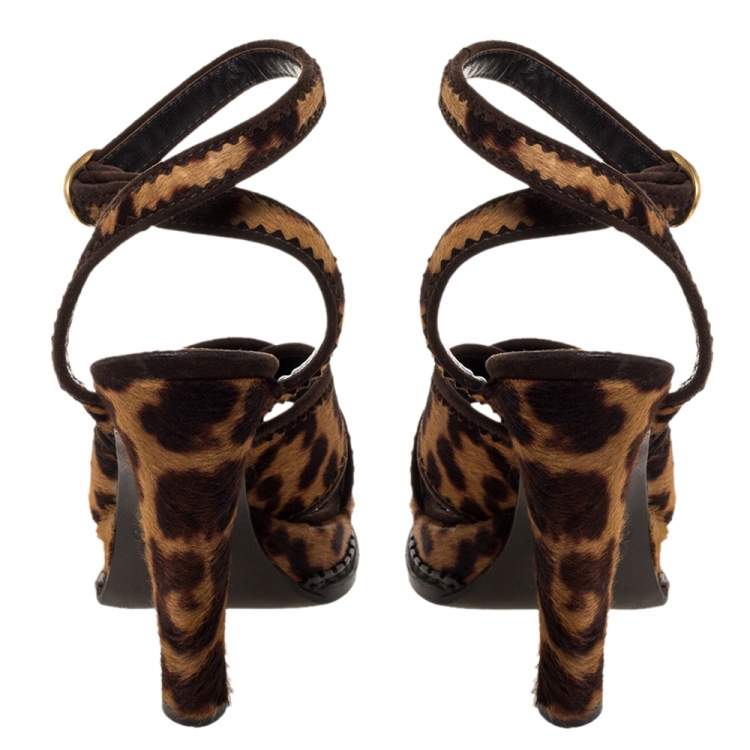 Pre Owned Yves Saint Laurent Brown Leopard Print Calf Hair Criss Cross Ankle Strap Sandals Size 39.5