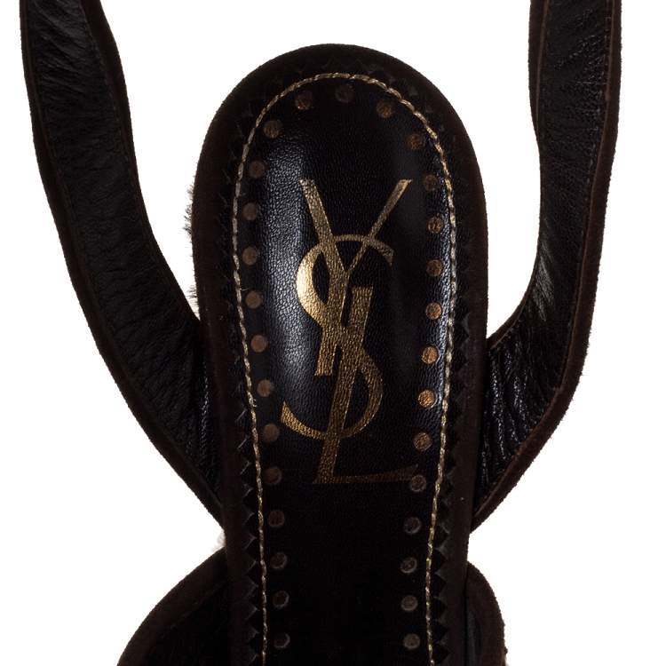 Pre Owned Yves Saint Laurent Brown Leopard Print Calf Hair Criss Cross Ankle Strap Sandals Size 39.5
