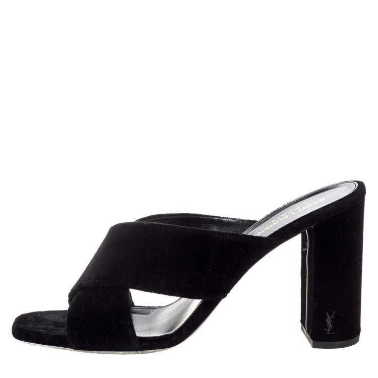 مملوكة مسبقًا Saint Laurent Paris Black Velvet LouLou Cross Strap Sandals Size 41