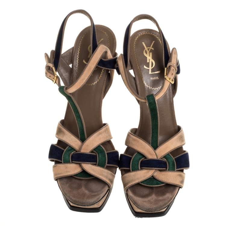 Pre Owned Yves Saint Laurent Tricolor Suede Tribute Platform Sandals Size 39