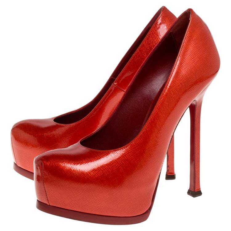 Pre Owned Yves Saint Laurent Red Patent Leather Tribtoo Platform Pumps Size 37.5