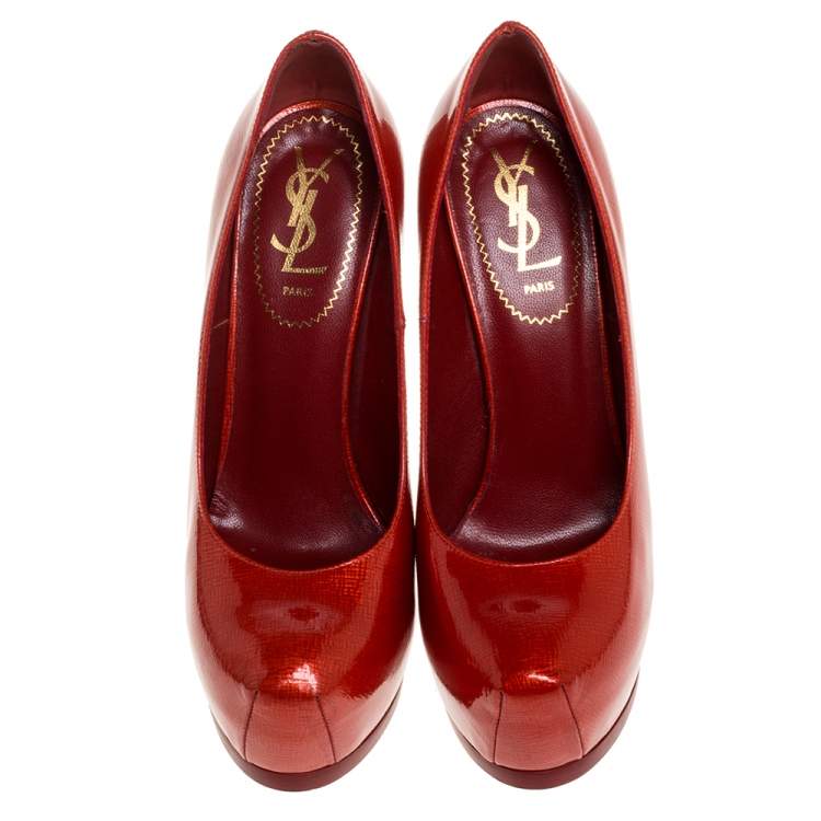 Pre Owned Yves Saint Laurent Red Patent Leather Tribtoo Platform Pumps Size 37.5
