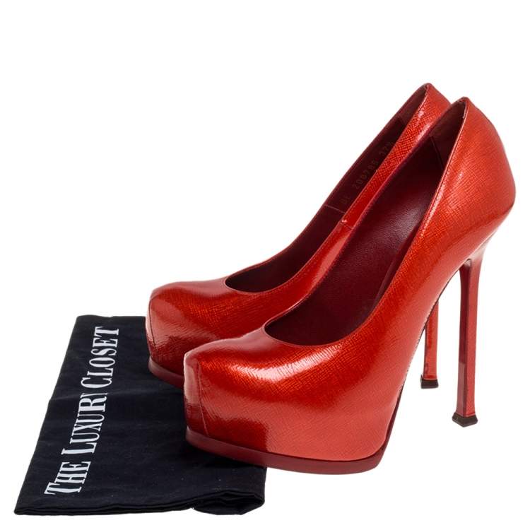 Pre Owned Yves Saint Laurent Red Patent Leather Tribtoo Platform Pumps Size 37.5