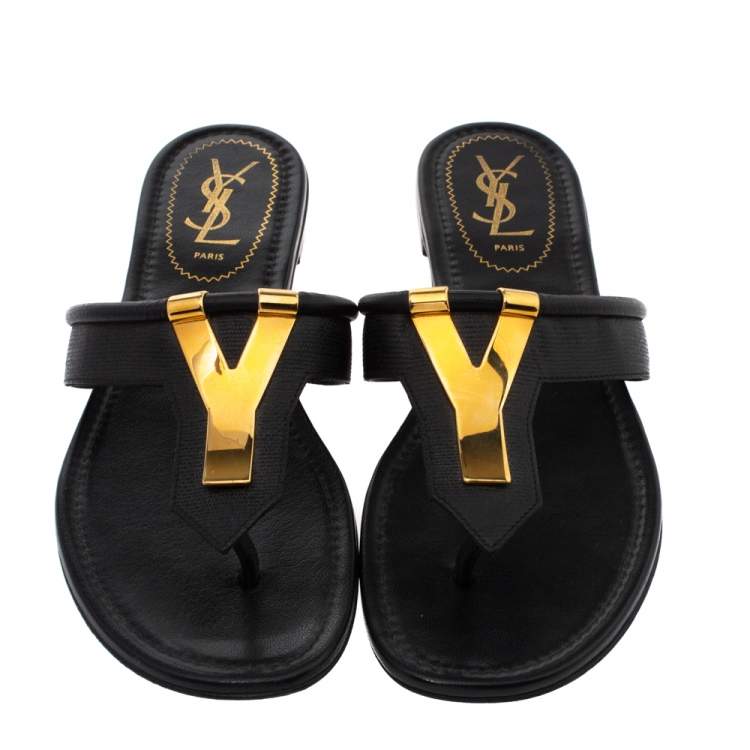 Pre Owned Yves Saint Laurent Black Leather Ycon Thong Flat Sandals Size 39