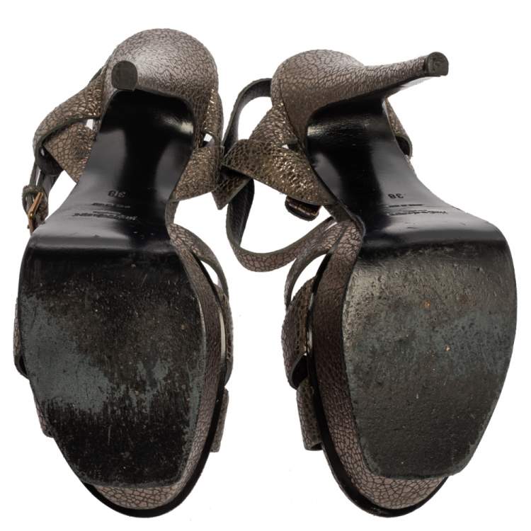 Pre Owned Yves Saint Laurent Metallic Grey Textured Leather Tribute Platform Sandals Size 38