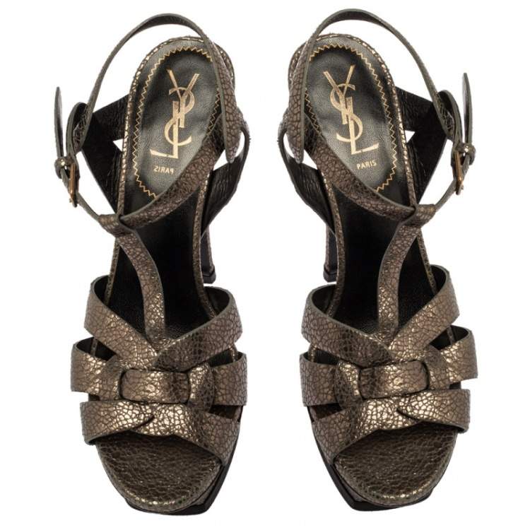 Pre Owned Yves Saint Laurent Metallic Grey Textured Leather Tribute Platform Sandals Size 38