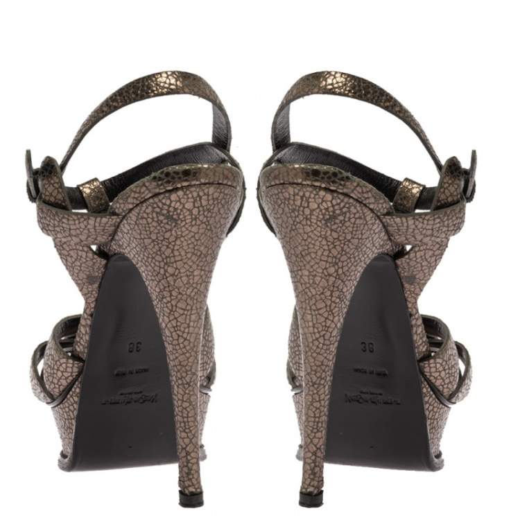 Pre Owned Yves Saint Laurent Metallic Grey Textured Leather Tribute Platform Sandals Size 38