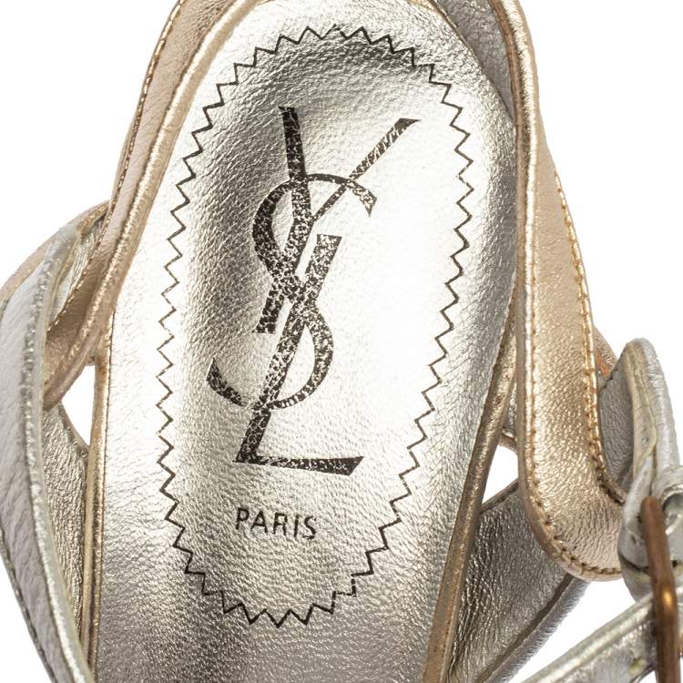 مملوكة مسبقًا Yves Saint Laurent Metallic Gold/Silver Leather Tribute Platform Sandals Size 37.5