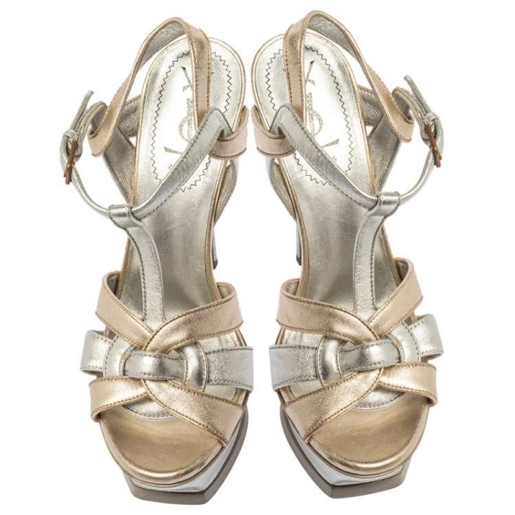 مملوكة مسبقًا Yves Saint Laurent Metallic Gold/Silver Leather Tribute Platform Sandals Size 37.5