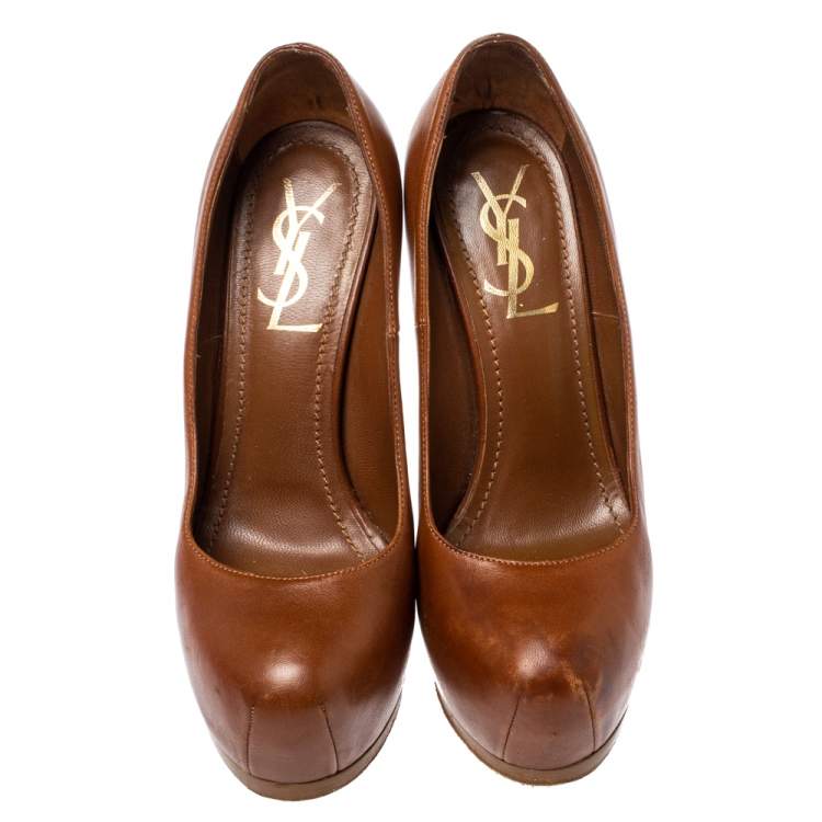Pre Owned Yves Saint Laurent Brown Leather Tribtoo Platform Pumps Size 36