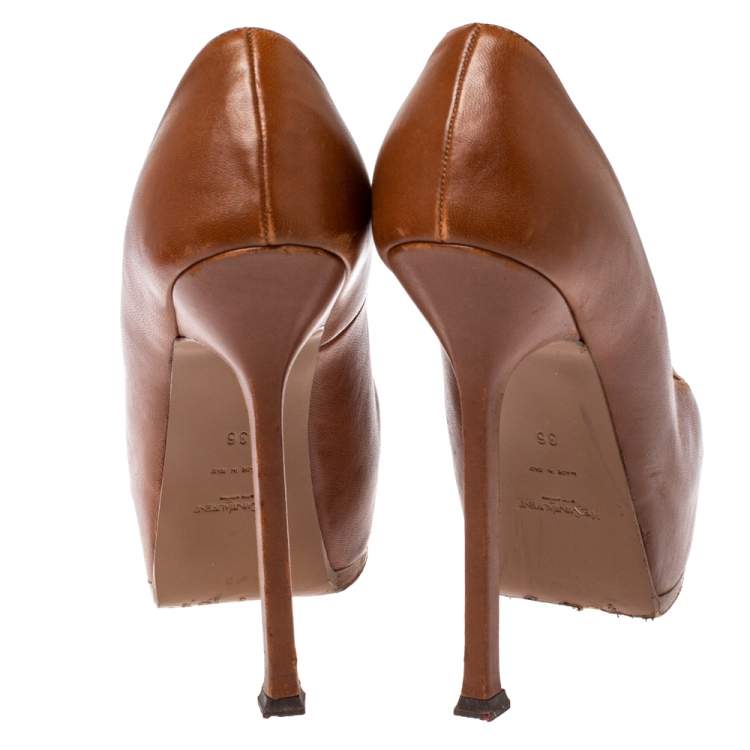 Pre Owned Yves Saint Laurent Brown Leather Tribtoo Platform Pumps Size 36