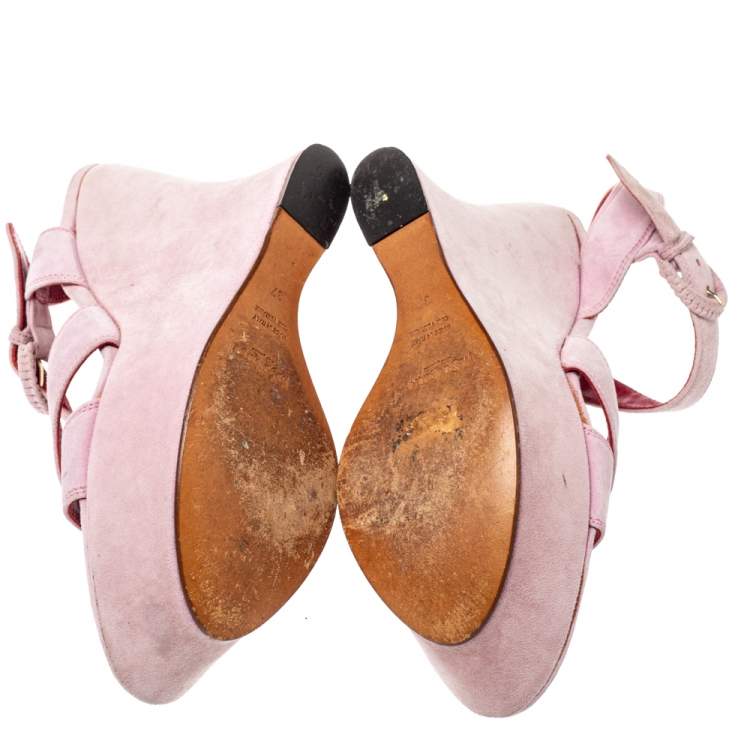 مملوكة مسبقًا Yves Saint Laurent Pink Suede Criss Cross Ankle Strap Wedge Sandals Size 37