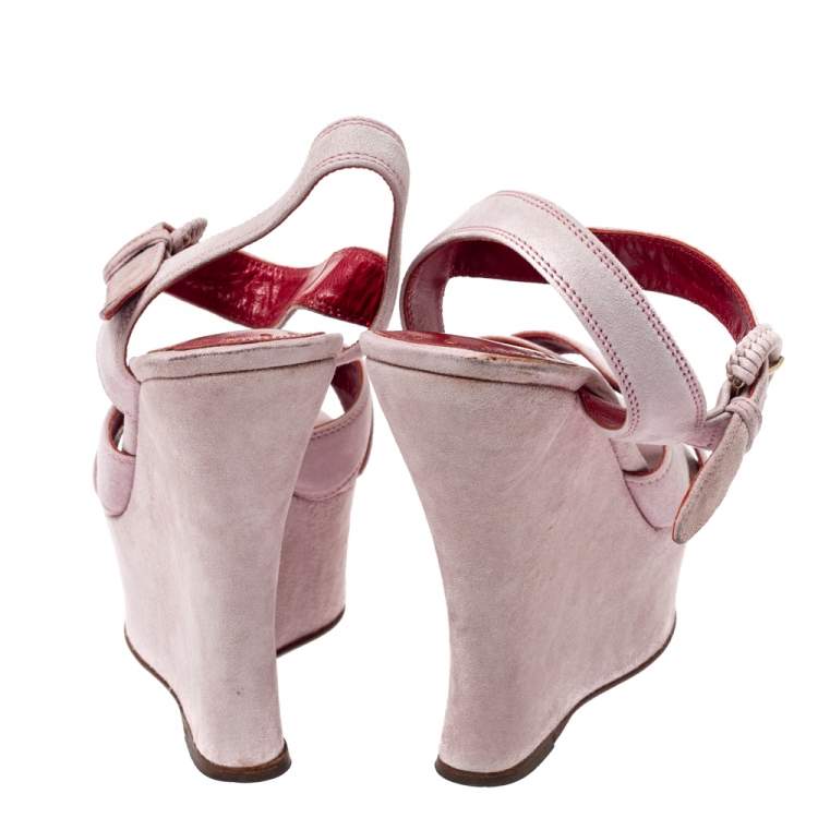 مملوكة مسبقًا Yves Saint Laurent Pink Suede Criss Cross Ankle Strap Wedge Sandals Size 37