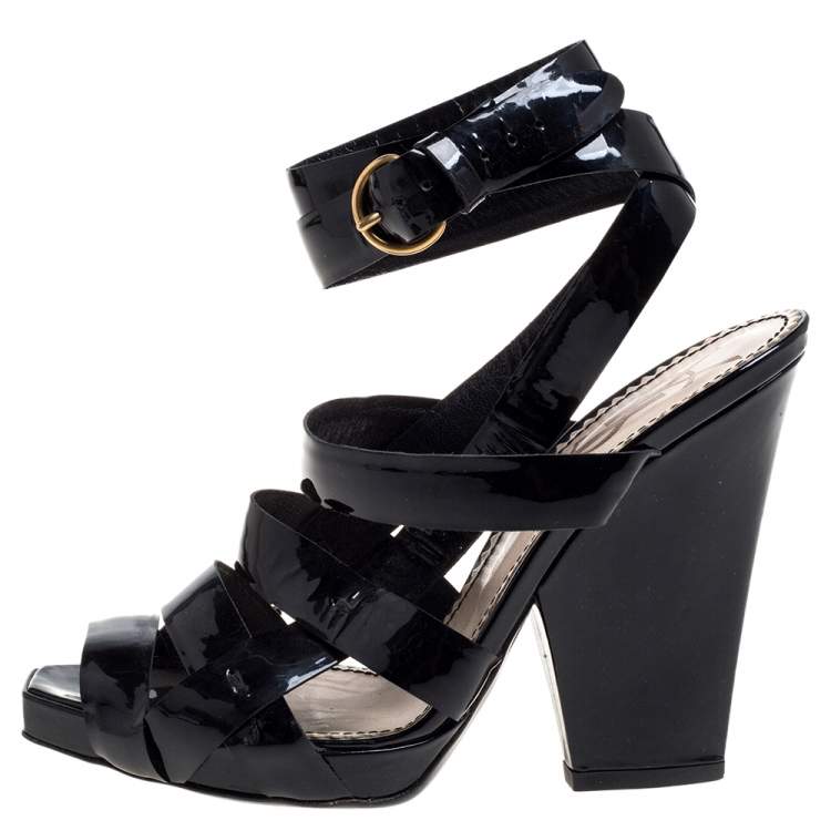 Pre Owned Yves Saint Laurent Black Patent Leather Strappy Sandals Size 37.5