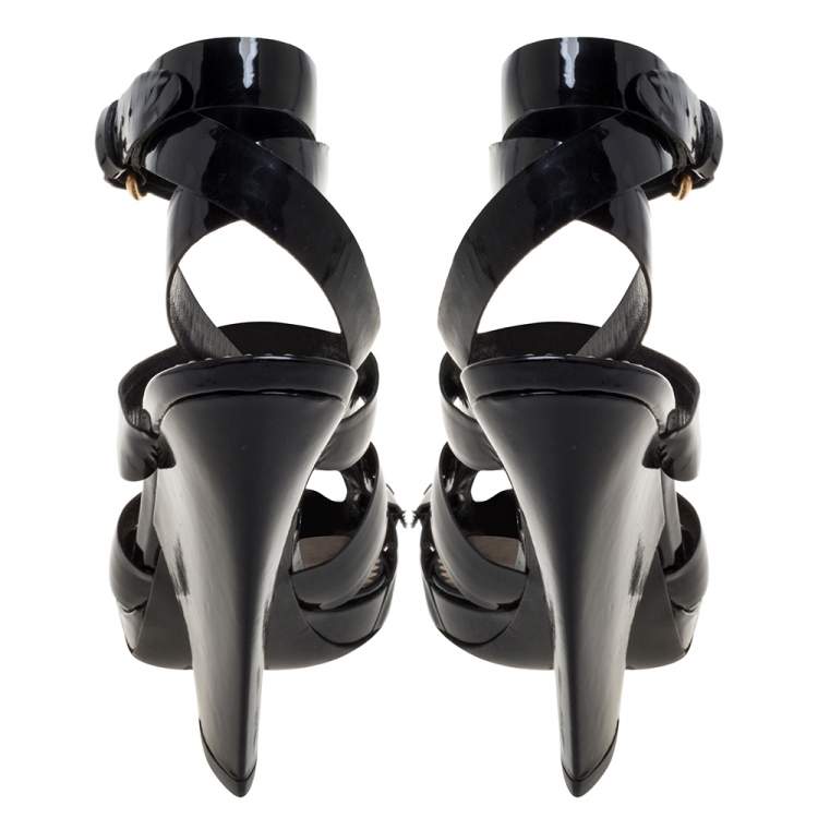 Pre Owned Yves Saint Laurent Black Patent Leather Strappy Sandals Size 37.5