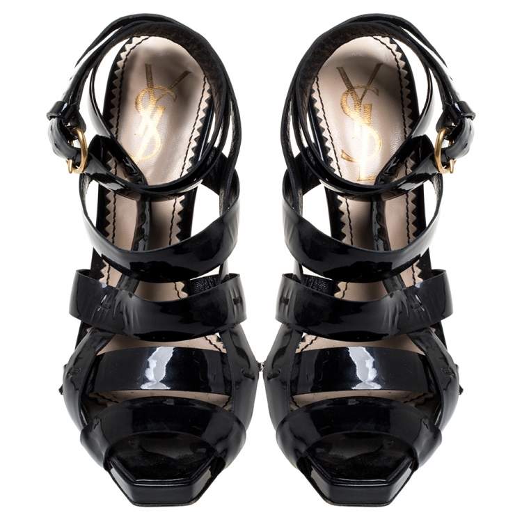 Pre Owned Yves Saint Laurent Black Patent Leather Strappy Sandals Size 37.5