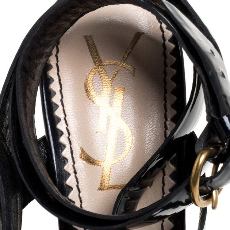 Pre Owned Yves Saint Laurent Black Patent Leather Strappy Sandals Size 37.5