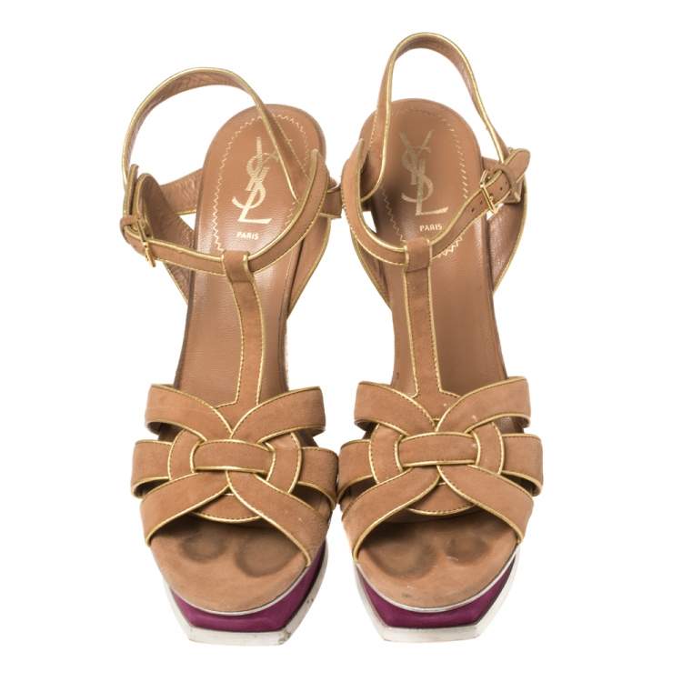 Pre Owned Yves Saint Laurent Tricolor Suede Tribute Platform Sandals Size 41
