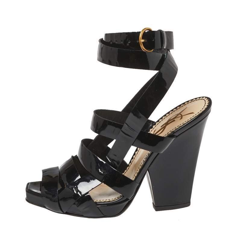 Pre Owned Saint Laurent Black Patent Leather Ankle Wrap Sandals Size 37