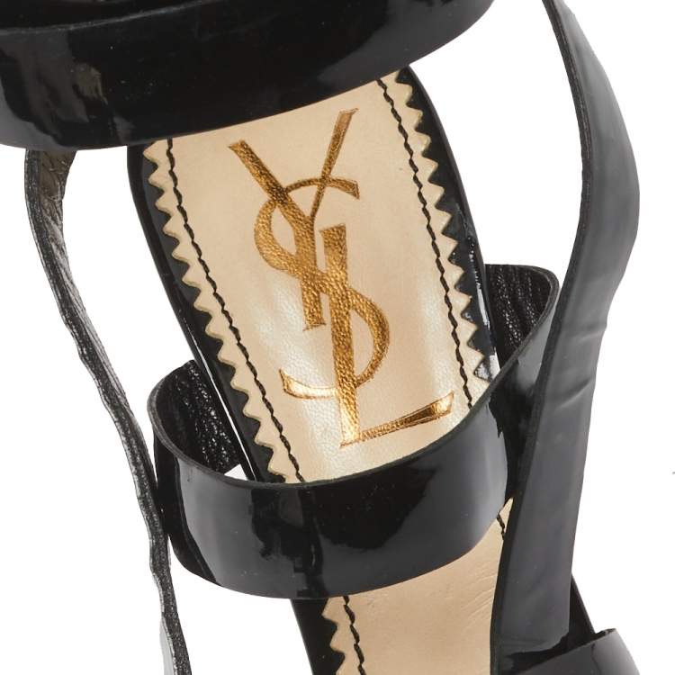 Pre Owned Saint Laurent Black Patent Leather Ankle Wrap Sandals Size 37