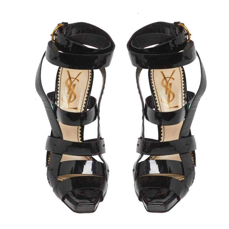 Pre Owned Saint Laurent Black Patent Leather Ankle Wrap Sandals Size 37