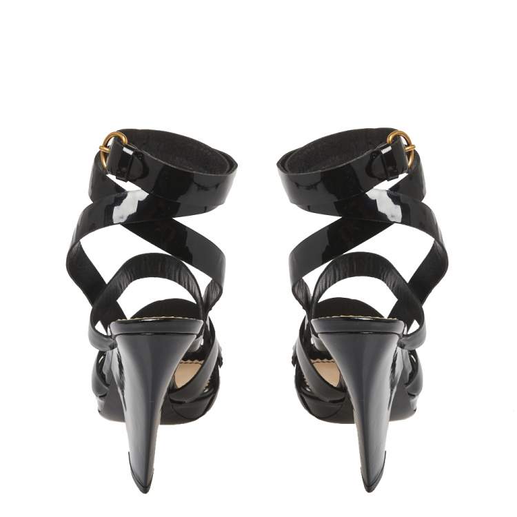 Pre Owned Saint Laurent Black Patent Leather Ankle Wrap Sandals Size 37