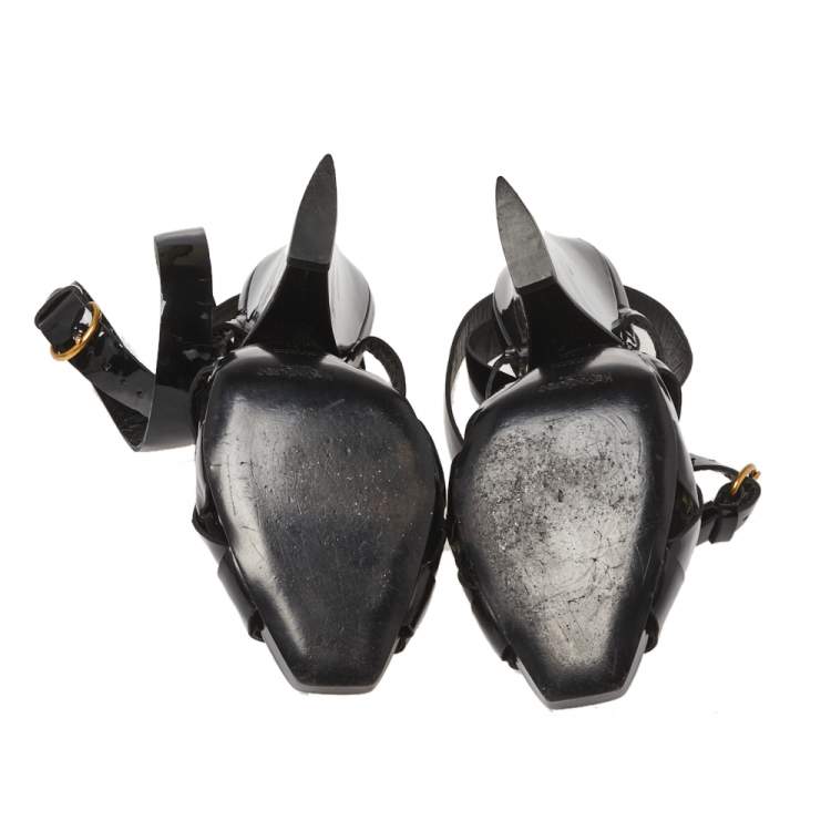 Pre Owned Saint Laurent Black Patent Leather Ankle Wrap Sandals Size 37