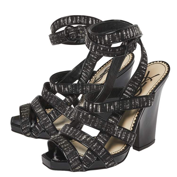Pre Owned Saint Laurent Monochrome Fabric And Patent Leather Trim Ankle Wrap Sandals Size 37