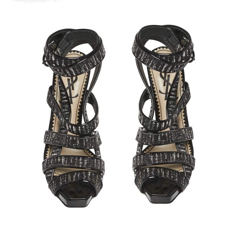 Pre Owned Saint Laurent Monochrome Fabric And Patent Leather Trim Ankle Wrap Sandals Size 37
