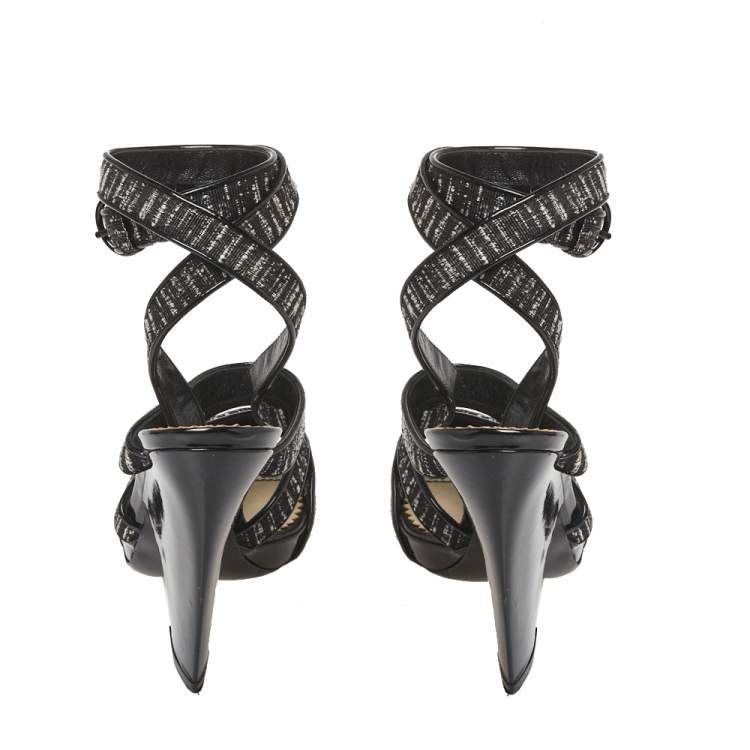 Pre Owned Saint Laurent Monochrome Fabric And Patent Leather Trim Ankle Wrap Sandals Size 37