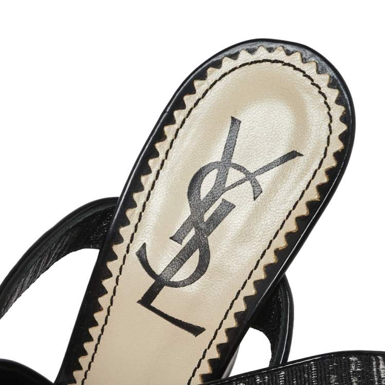 Pre Owned Saint Laurent Monochrome Fabric And Patent Leather Trim Ankle Wrap Sandals Size 37