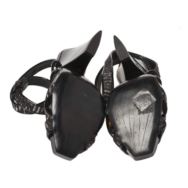 Pre Owned Saint Laurent Monochrome Fabric And Patent Leather Trim Ankle Wrap Sandals Size 37